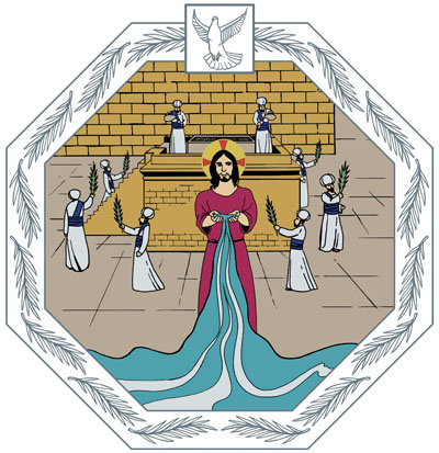 Piirretyssä kuvassa Jeesuksen käsistä virtaa vettä, kuvan yläpuolella on valkoinen kyyhky ja reunus ympärillä on koristeltu lehvillä.